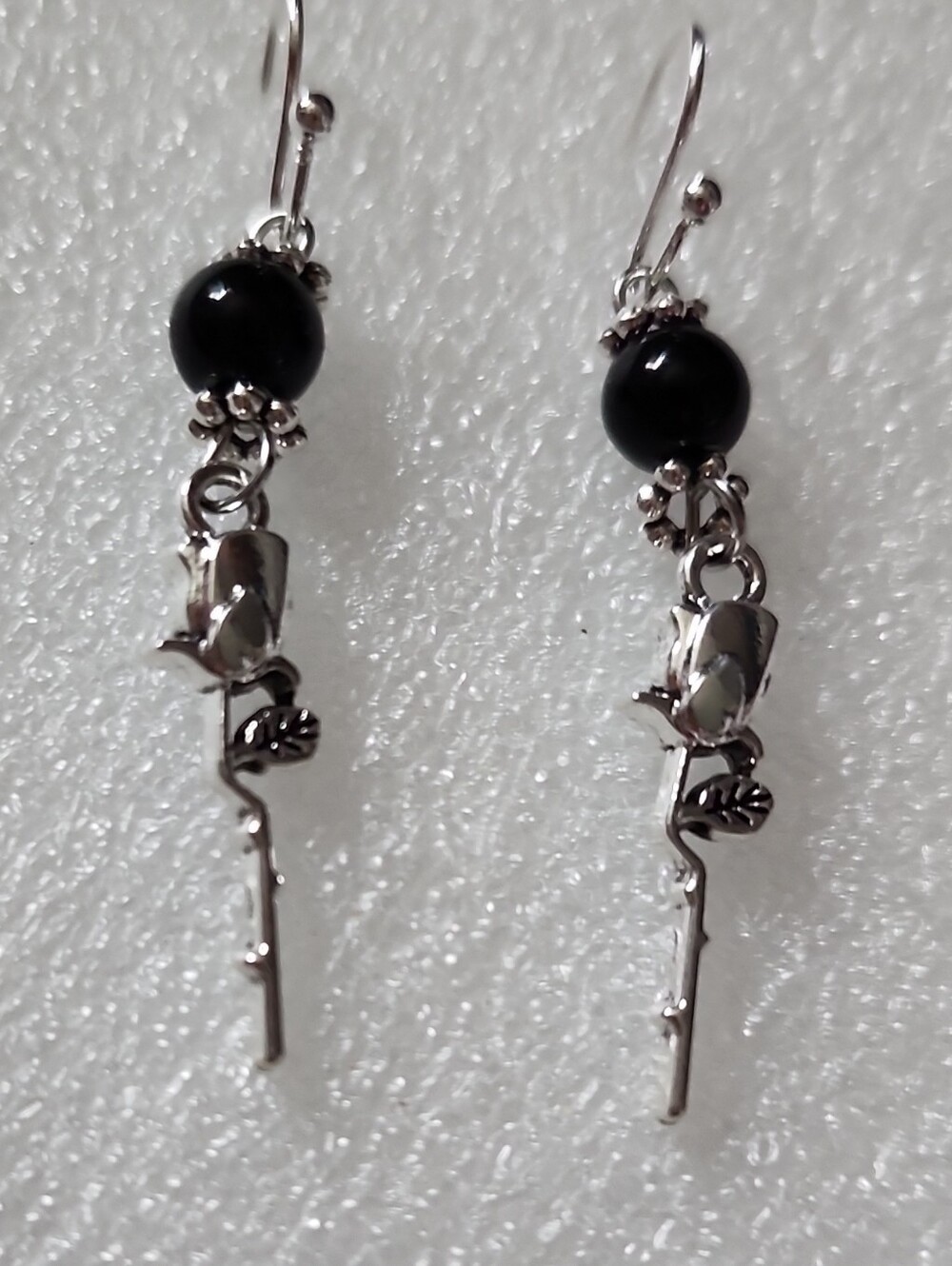 Hand Crafted Black Bead Silver Dangle Earrings